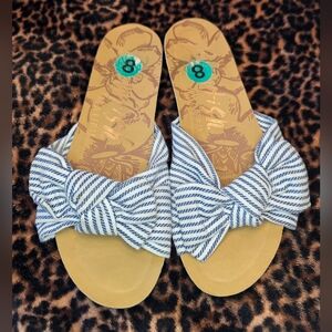Blowfish Striped Bow Slide Sandals in Blue & Tan by